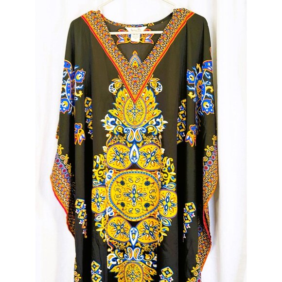 Kaftan, Gypsy Blue, Black with multi-colored Medalion Design, One Size. - Picture 1 of 6